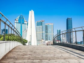 view of downtown raleigh, north carolina from street level, hdr image