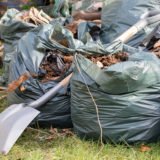 Garden waste. Brown leaves and rubbish collected from gardening