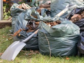 Garden waste. Brown leaves and rubbish collected from gardening